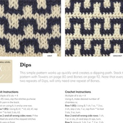 Knitted pattern swatches and instructions for 'Dips' on a white background.