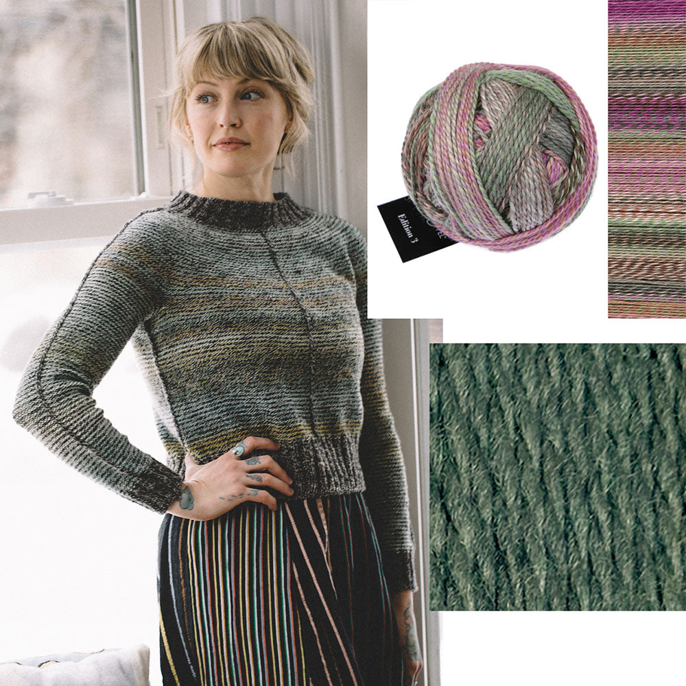 Orry Yarn Merino DK in Fenwick Moor with Schoppel Edition 3 in Aurora, the yarn pairing for the Metamorphic knitting kit