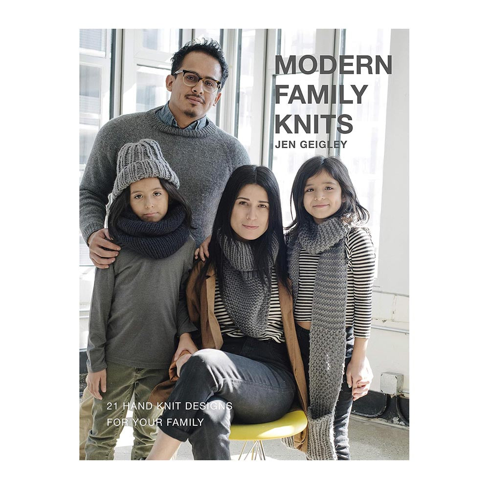 Book cover of 'Modern Family Knits' by Jen Geigley featuring a family wearing knitwear.