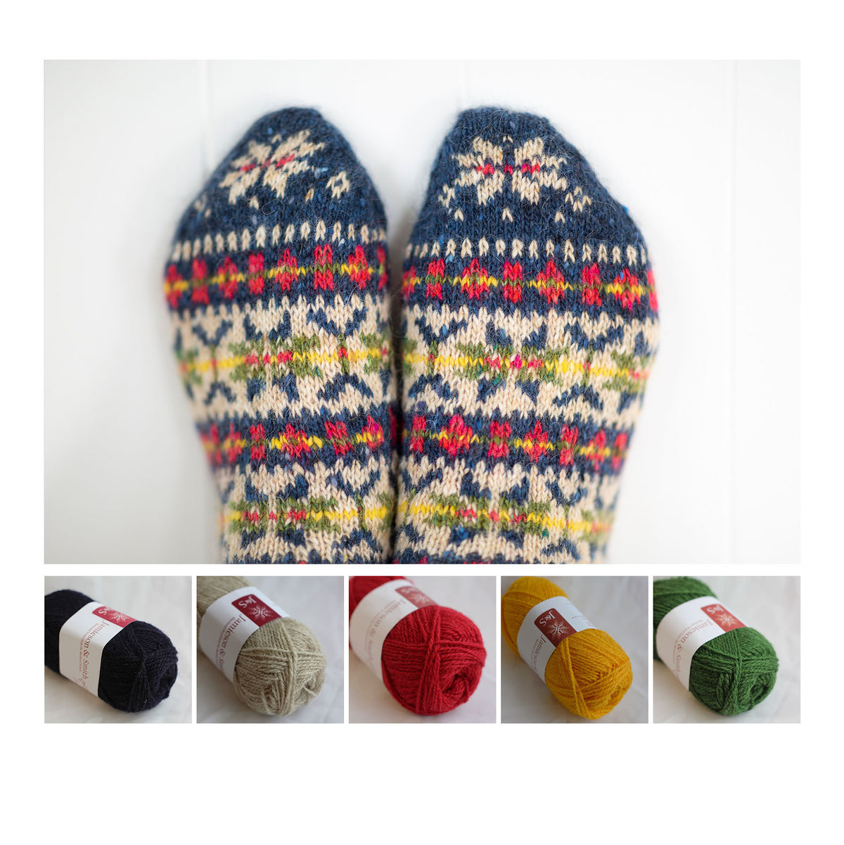 Pouzle slippers knitted in the Kate colourway, with its five shades shown below: Dark Navy 36, Light Fawn 202, Red 1403, Egg Yolk Yellow 91 and Moss Green 118