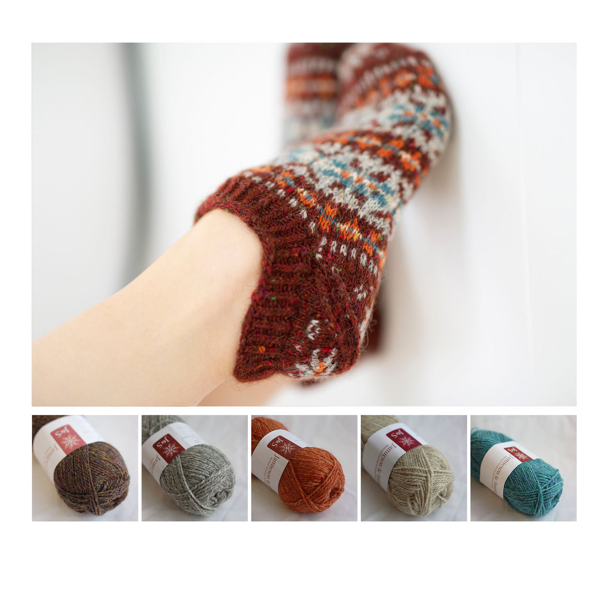 Pouzle slippers knitted in the Maylin colourway, with its five shades shown below: Marled Brown Mix FC58, Light Grey 203, Marled Salmon Orange FC7, Light Fawn 202 and Bright Turquoise Mix FC34