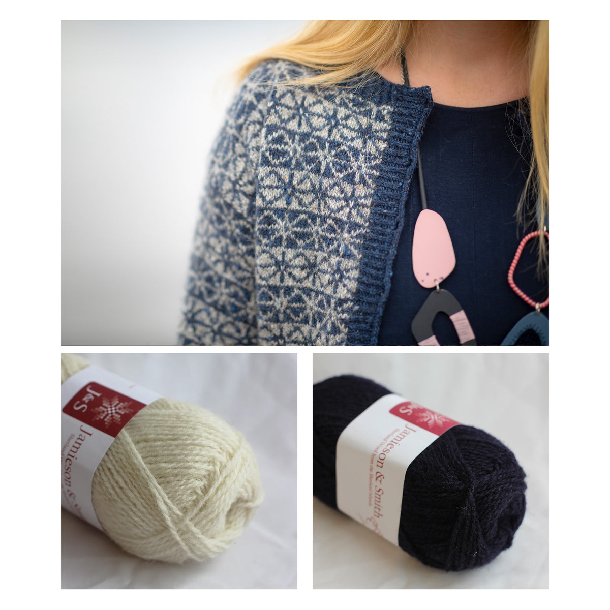Tìoraidh cardigan with the two shades of Shetland Palette 2 shown below: Natural White 1A and Dark Navy 36