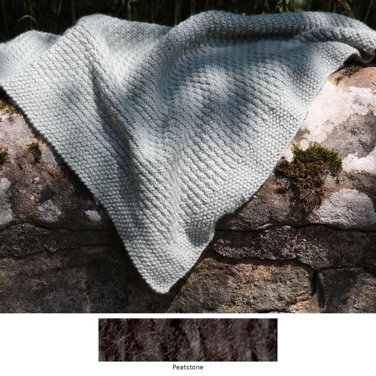 Alloway Raindrops Baby Blanket knitting kit in Peatstone, with the yarn shade shown