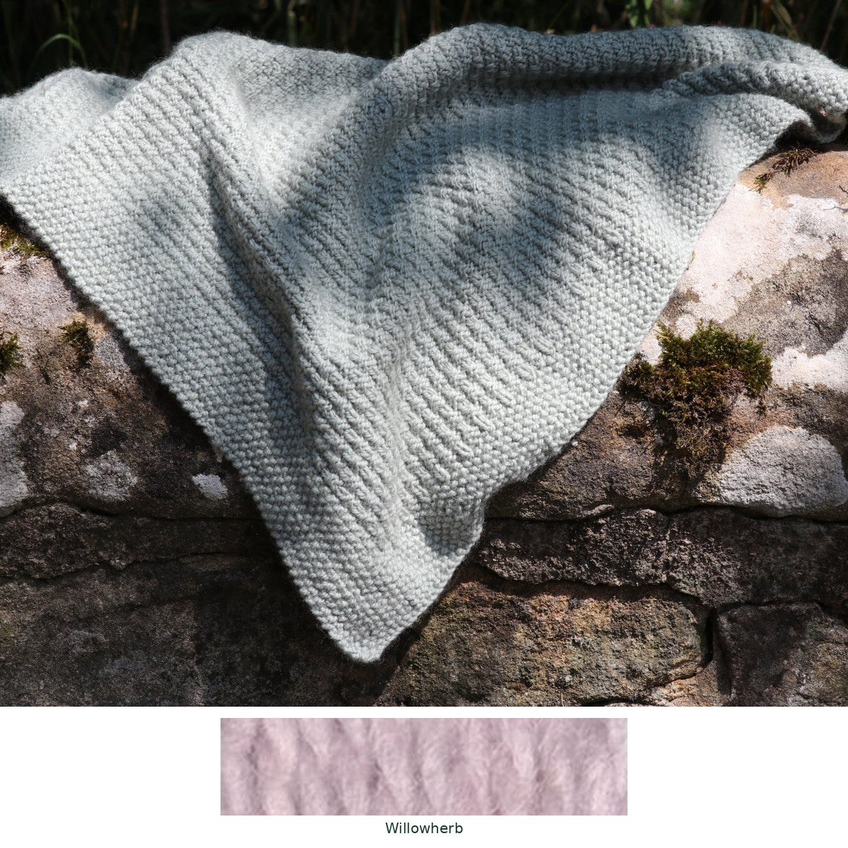 Alloway Raindrops Baby Blanket knitting kit in Willowherb, with the yarn shade shown