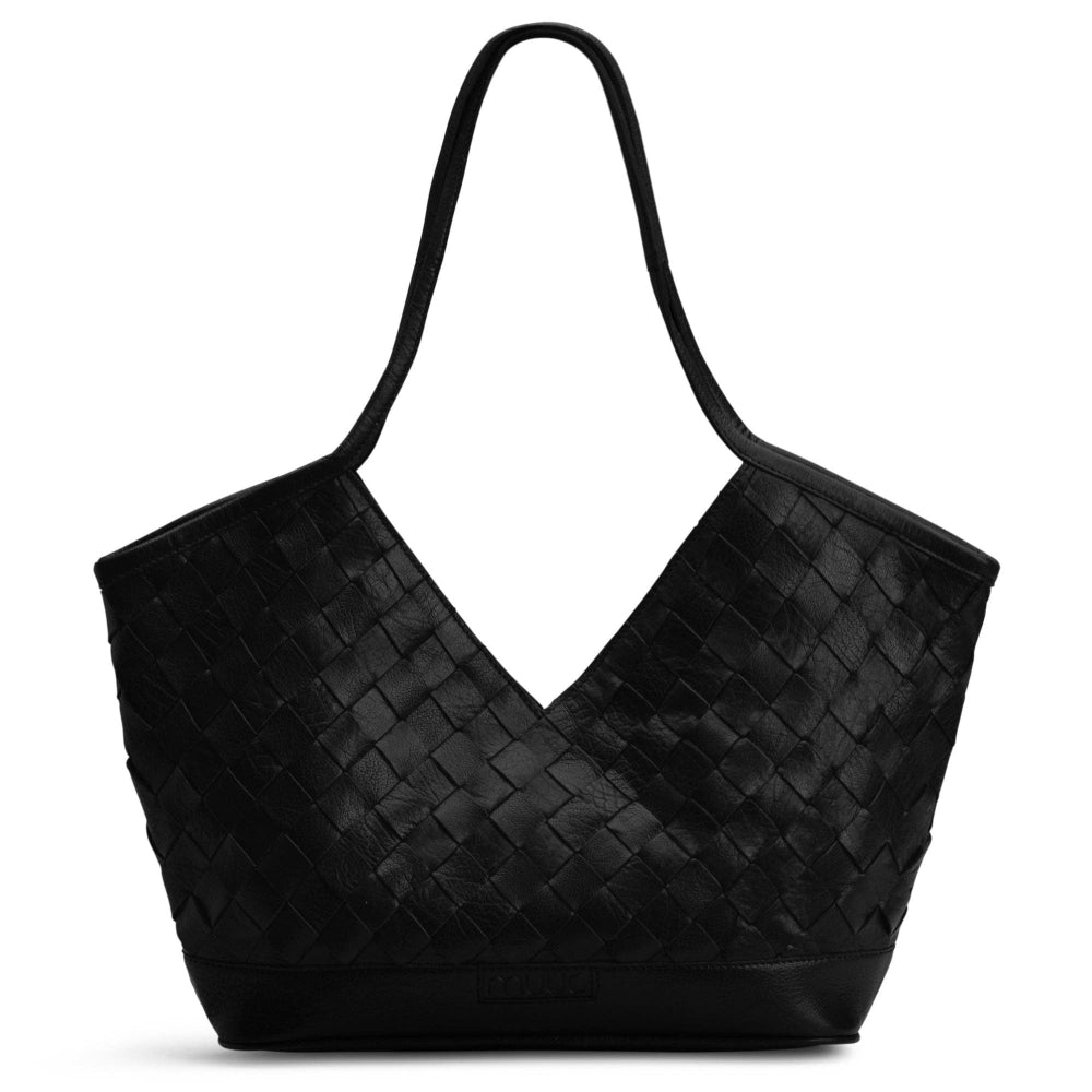 Black woven leather handbag on a white background
