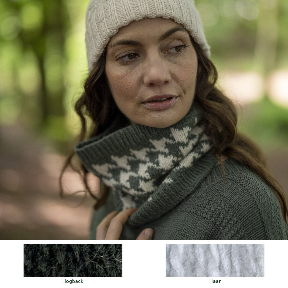 Eglinton Houndstooth Cowl knitting kit in Hogback and Haar, with both yarn shades shown