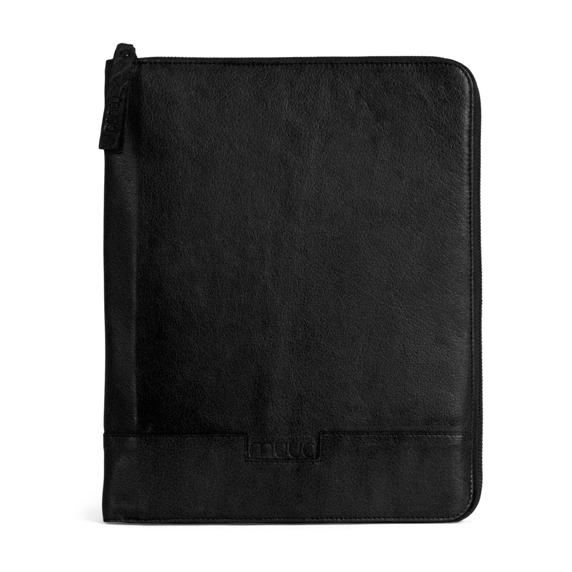 muud Göteborg Case, Black leather zippered pouch on a white background