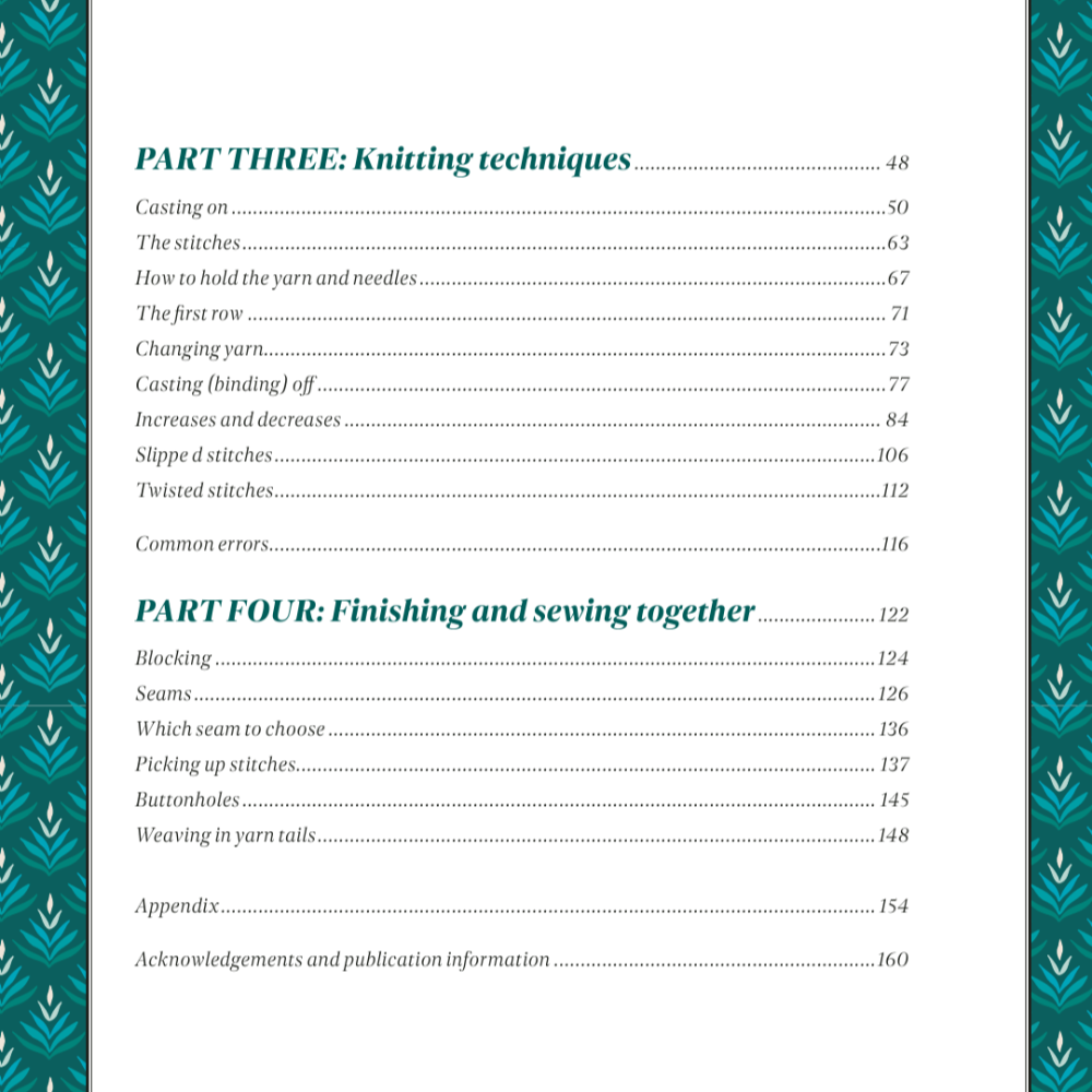 Table of contents page for a knitting book with a decorative teal border.
