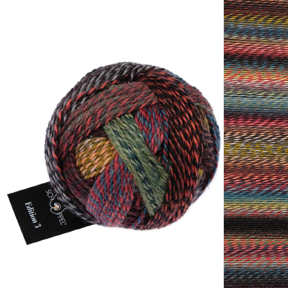 Ball of Schoppel Edition 3, 100% virgin wool sport weight gradient yarn, in shade Rainbow Spots 2630