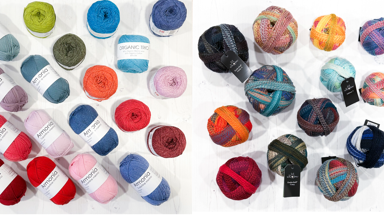 lots of Hjertegarn and Schoeppel yarn balls on a white background