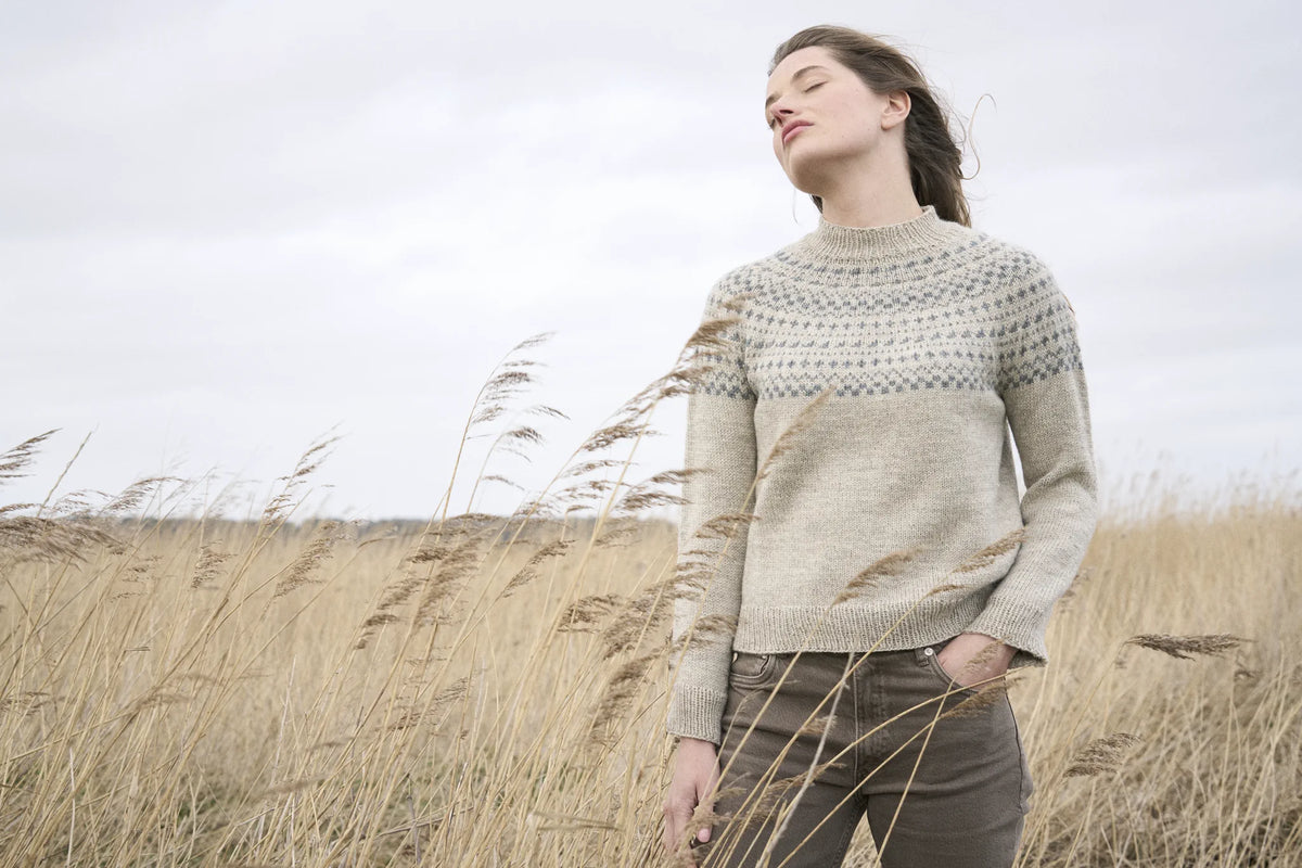 The Bramble & Fleece Balsam Sweater, yoke colourwork detail in two tonal shades of Sheepsoft DK