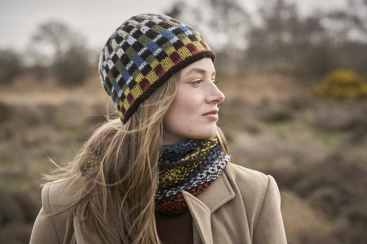 The Bramble & Fleece Bramble Hat showing the square colourwork motif