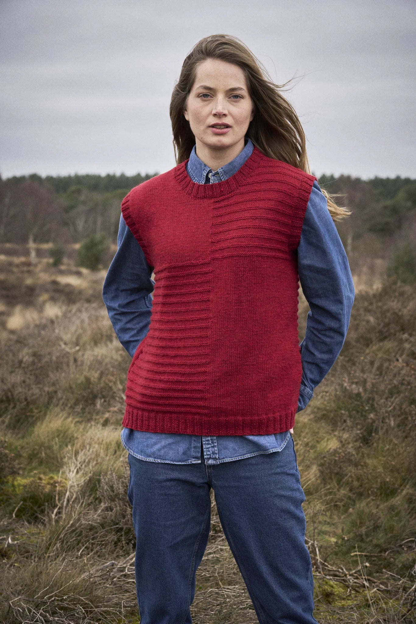 The Bramble & Fleece Firethorn Slipover, textured stripes with a split hem, in Sheepsoft DK