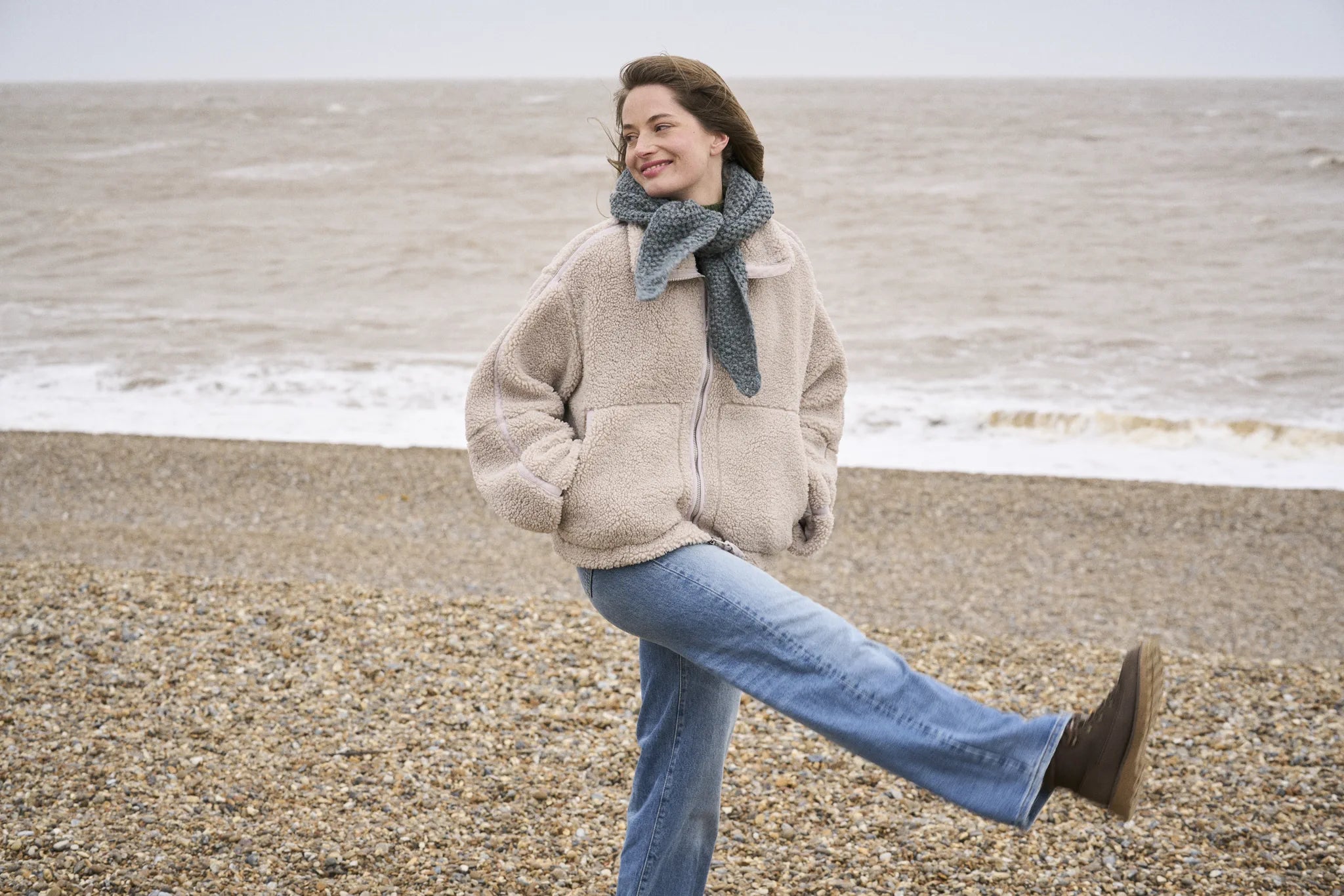 The Bramble & Fleece Hazel Scarf, a moss stitch neckerchief in Sheepsoft Fibreknit
