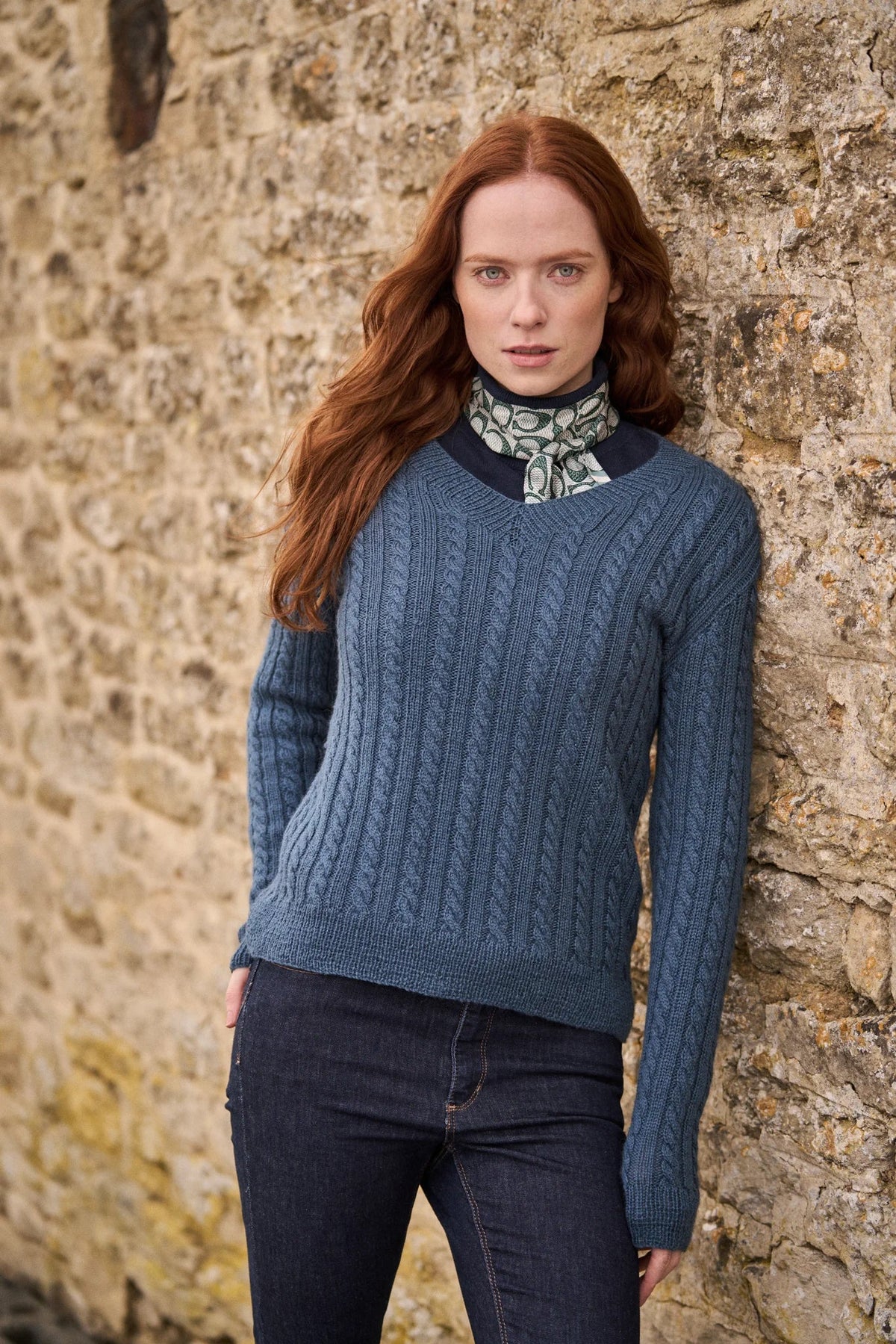 The Bramble & Fleece Malham Sweater, slim-fit V-neck cable in Wooltrace 4 Ply