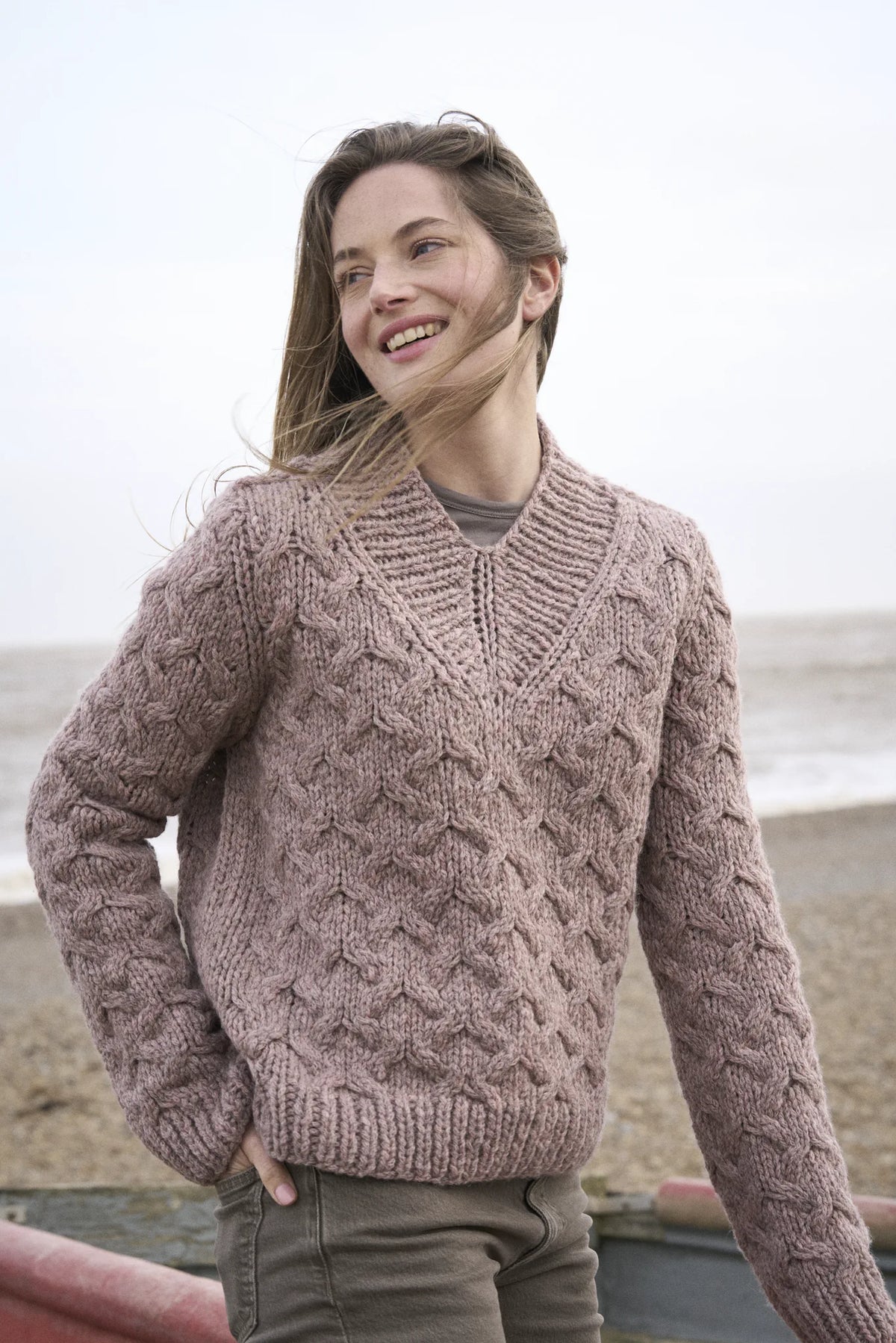 The Bramble & Fleece Orchid Sweater, deep V-neck with large cables, in Sheepsoft Fibreknit