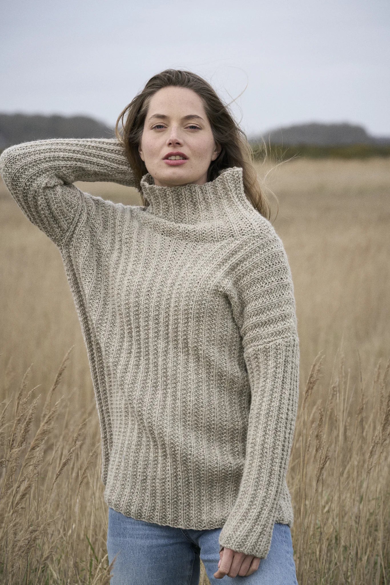 The Bramble & Fleece Otley Sweater, all-over mistake rib with a chunky high neck, in Wooltrace DK