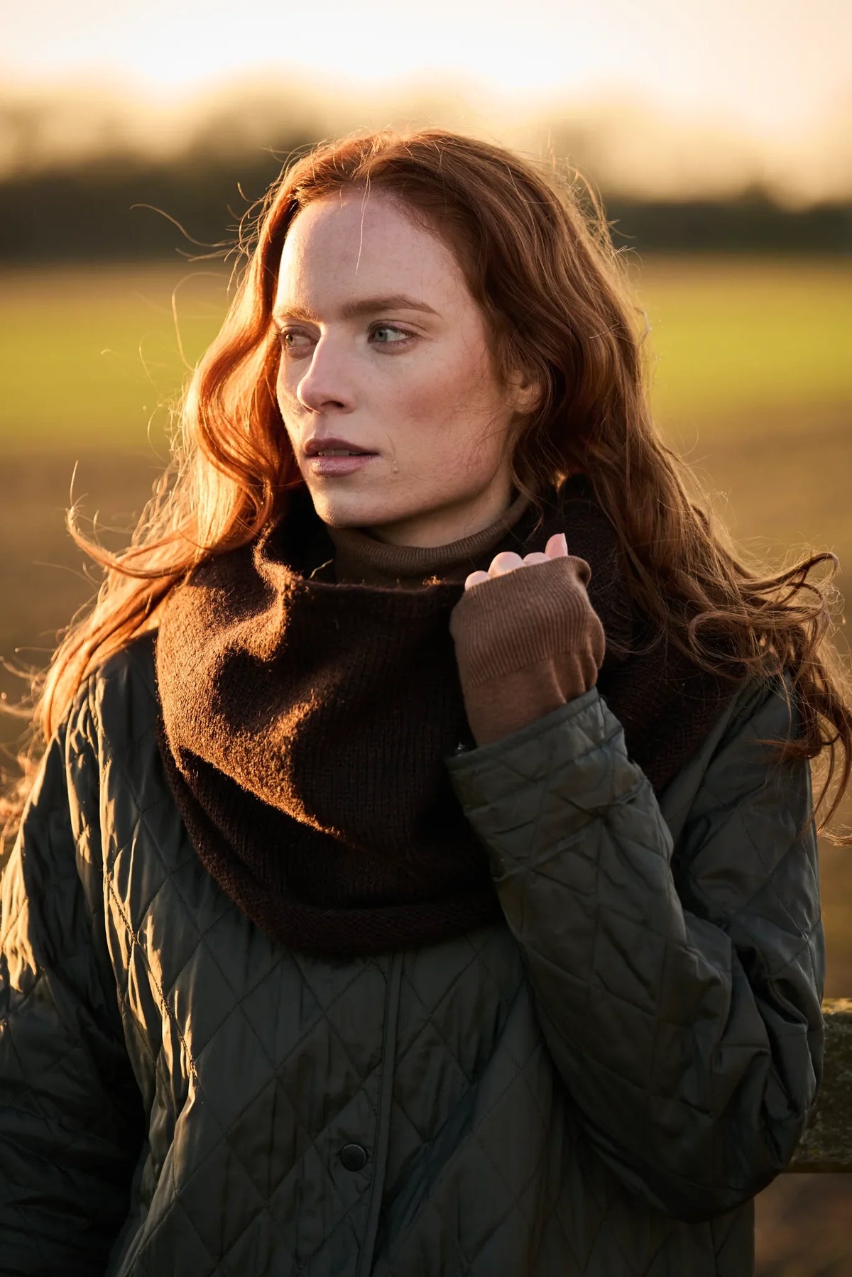 The Bramble & Fleece Sloe Snood in the deeper version, worn pulled up