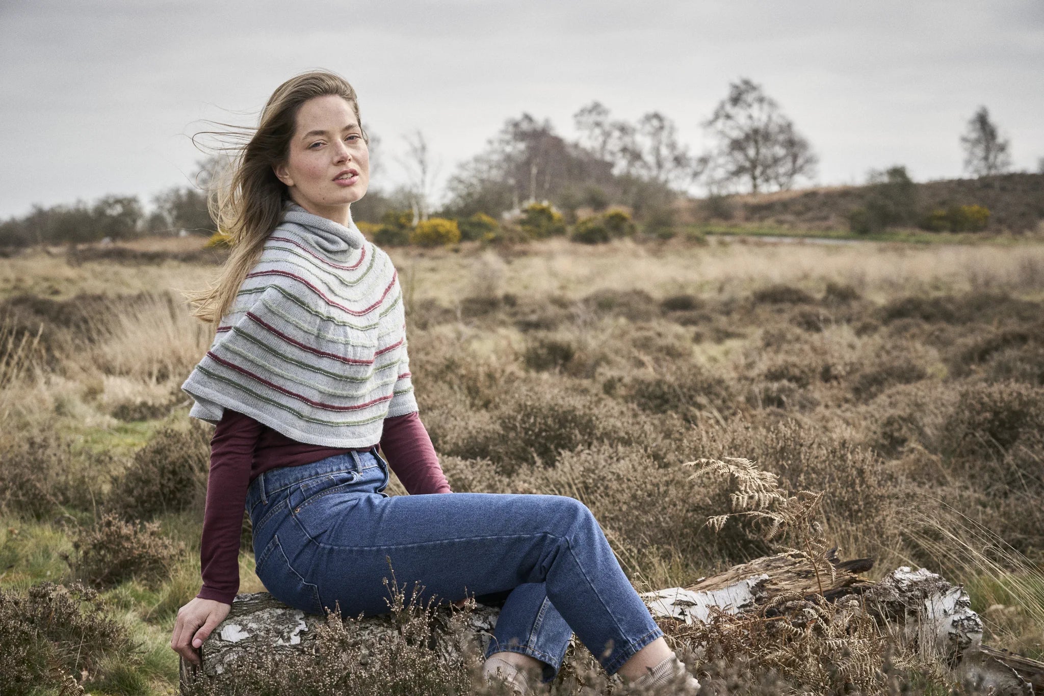 The Bramble & Fleece Sorrel Poncho, striped and seamless, in four shades of Wooltrace 4 Ply