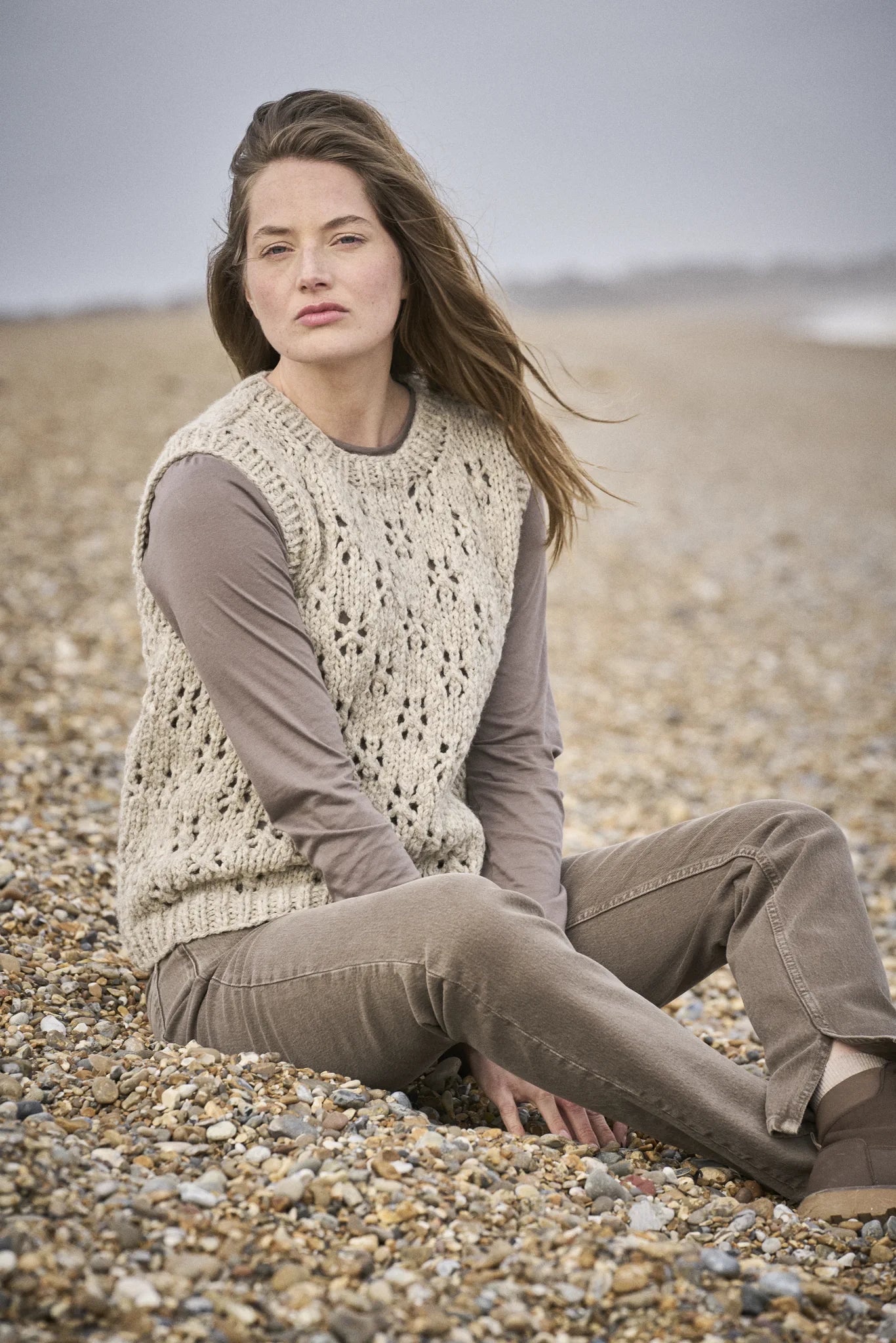 The Bramble & Fleece Yarrow Vest, an all-over lace vest in Sheepsoft Fibreknit