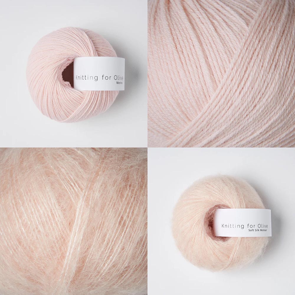 Knitting for Olive Merino and Soft Silk Mohair in Ballerina, shown as balls and in close-up