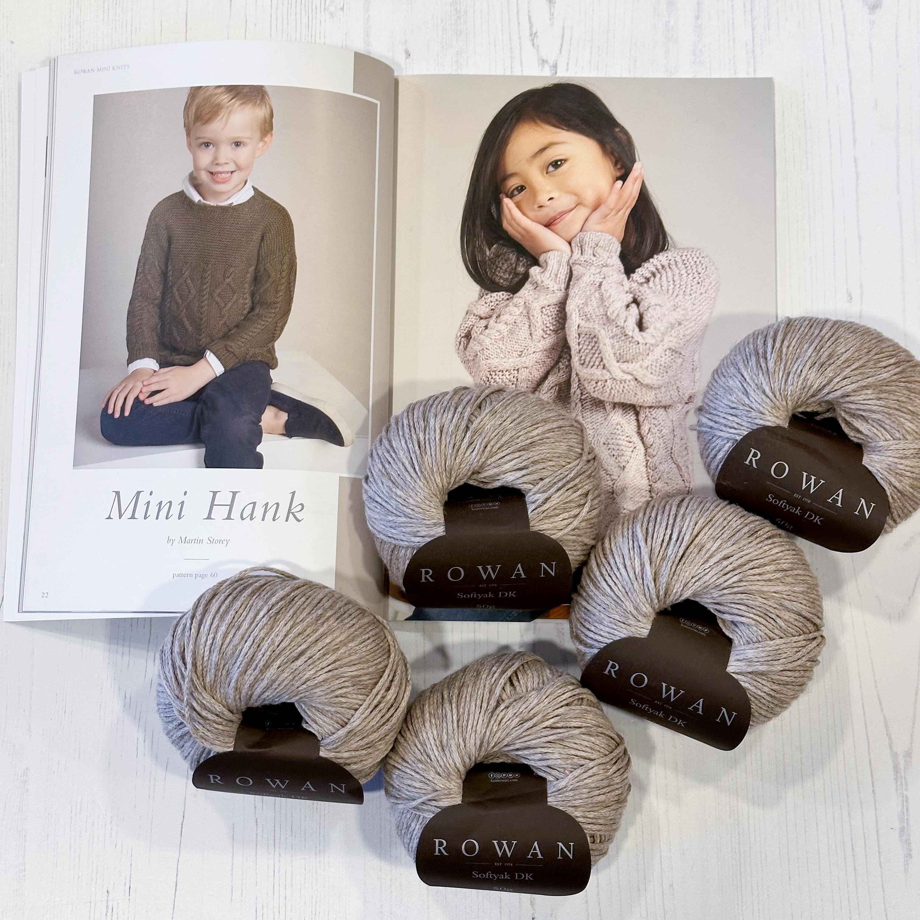 Mini Hank Sweater – Knitting Kit (Rowan Softyak, Driftwood, Size 3–4 Years)