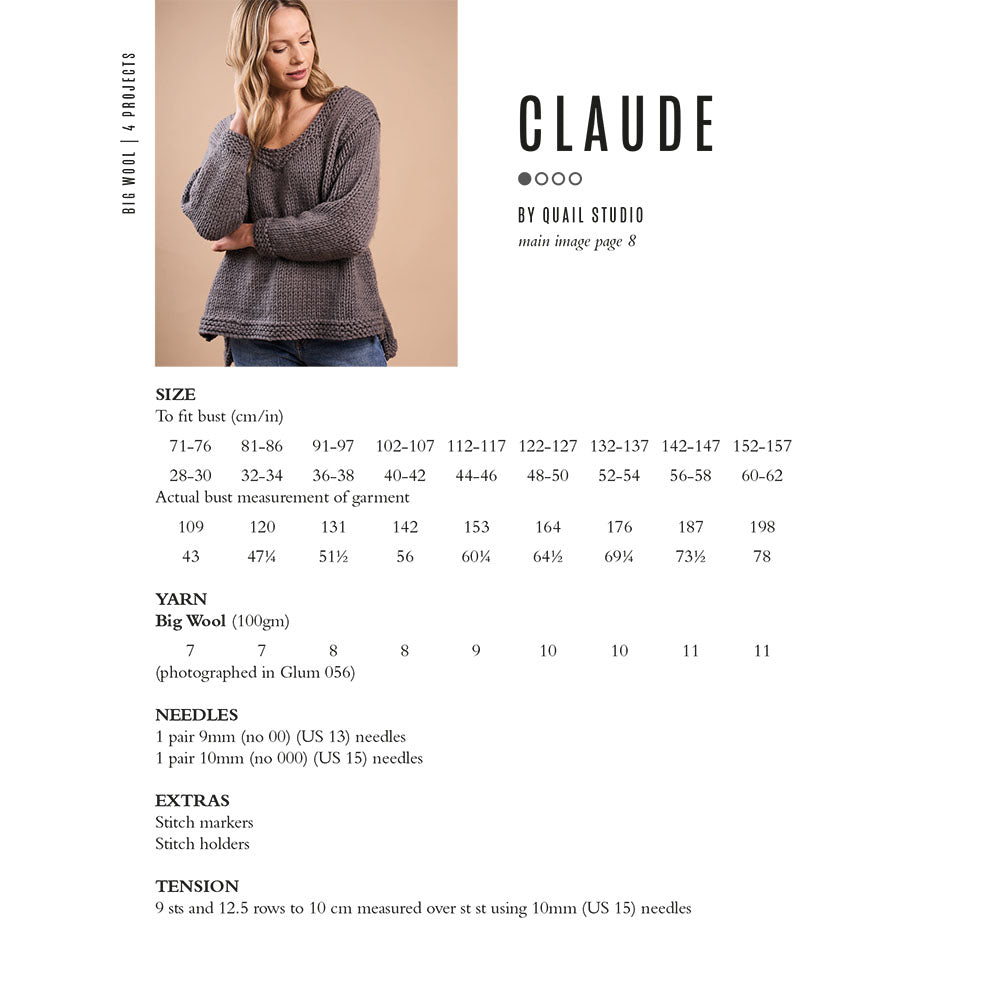 Knitting pattern guide for a sweater with size chart, yarn details, needle information, and tension instructions.