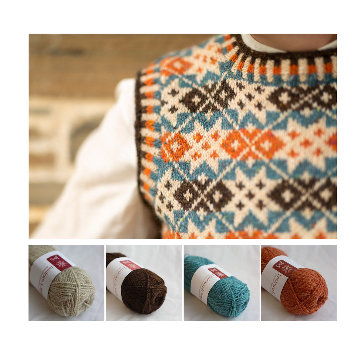 Shoulder detail of the Starnkeeker vest, with the four shades of Shetland Palette 1 shown below: Light Fawn 202, Dark Brown 5, Bright Turquoise Mix FC34 and Marled Salmon Orange FC7