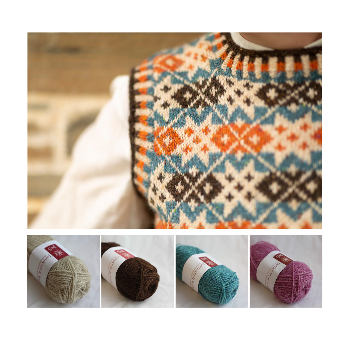 Shoulder detail of the Starnkeeker vest, with the four shades of Shetland Palette 2 shown below: Light Fawn 202, Dark Brown 5, Bright Turquoise Mix FC34 and Bright Pink Mix FC22