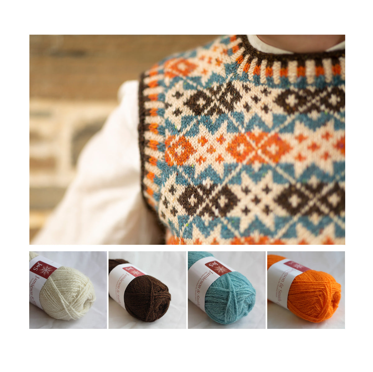 Shoulder detail of the Starnkeeker vest, with the four shades of Shetland Palette 3 shown below: Natural White 1A, Dark Brown 5, Light Turquoise 75 and Bright Orange 73
