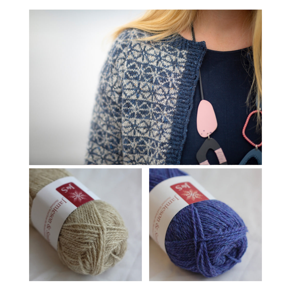 Tìoraidh cardigan with the two shades of Shetland Palette 3 shown below: Light Fawn 202 and Purpley Blue 131