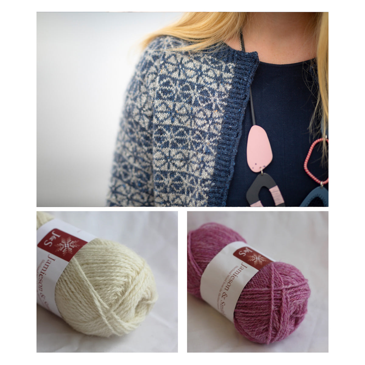 Tìoraidh cardigan with the two shades of Shetland Palette 4 shown below: Natural White 1A and Bright Pink Mix FC22