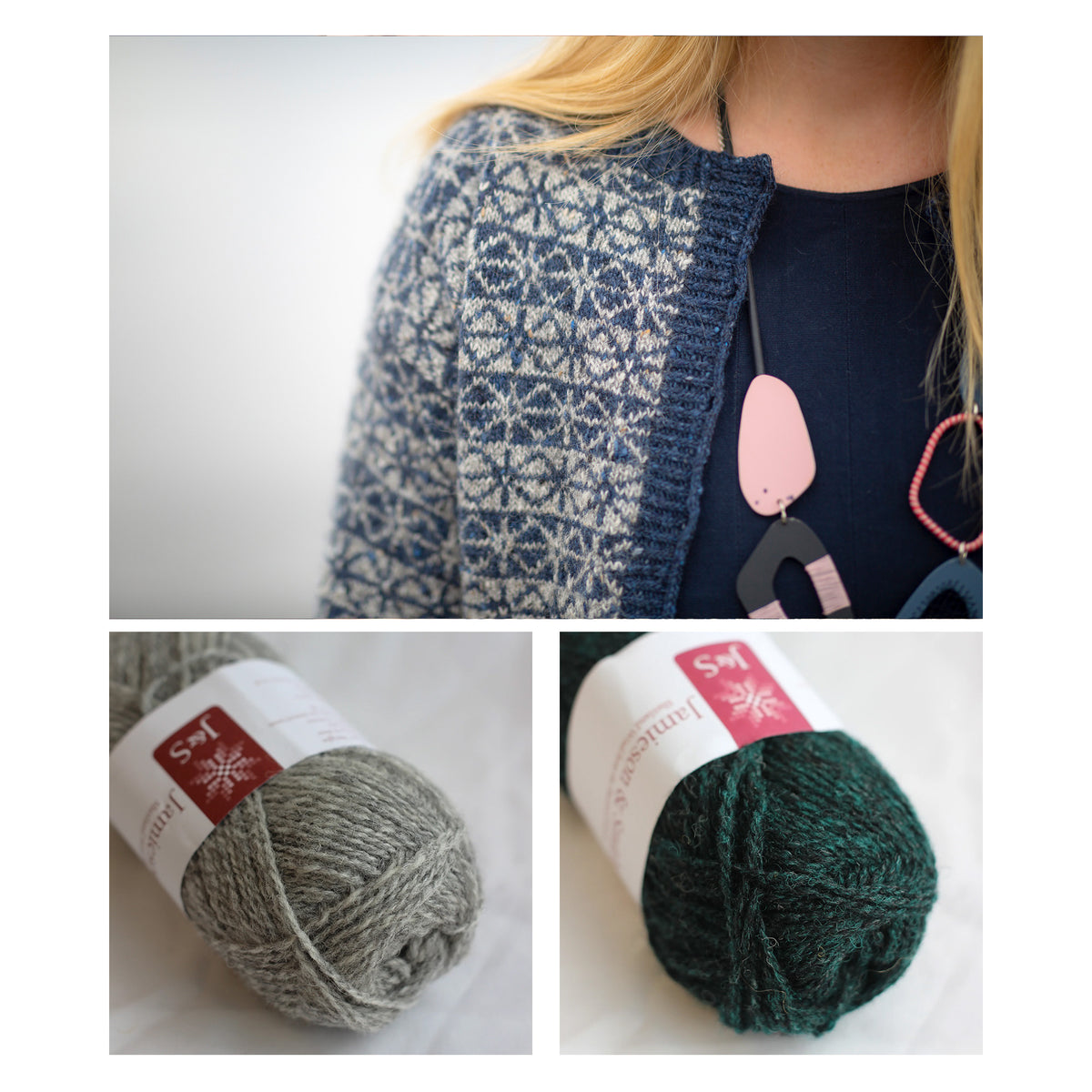 Tìoraidh cardigan with the two shades of Shetland Palette 6 shown below: Light Grey 203 and Dark Green 82