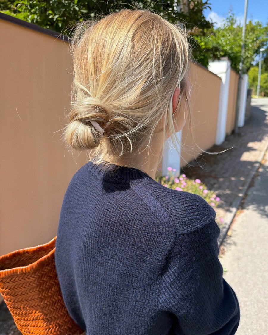 Back view of the blue PetiteKnit Vega Sweater