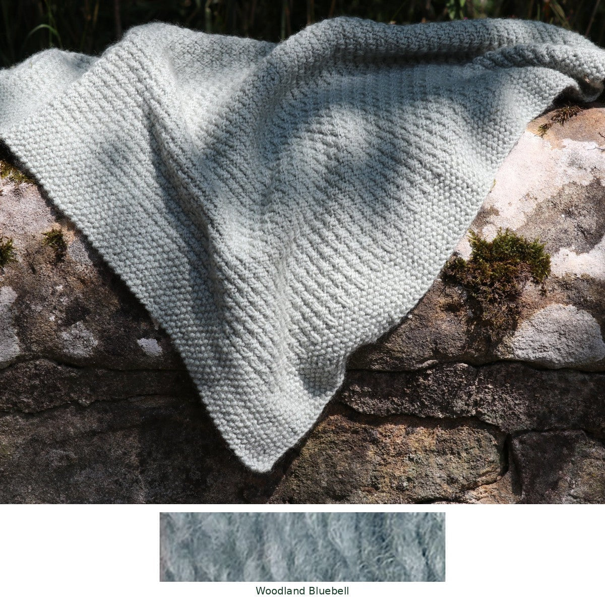 Alloway Raindrops Baby Blanket knitting kit in Woodland Bluebell, with the yarn shade shown