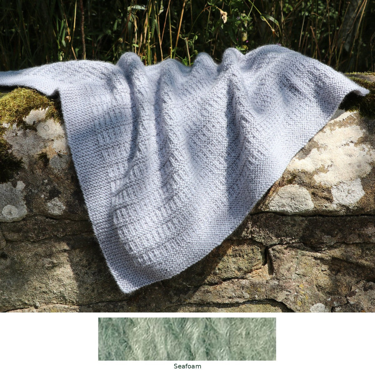 Cassillis Baby Blanket knitting kit in Seafoam, with the yarn shade shown