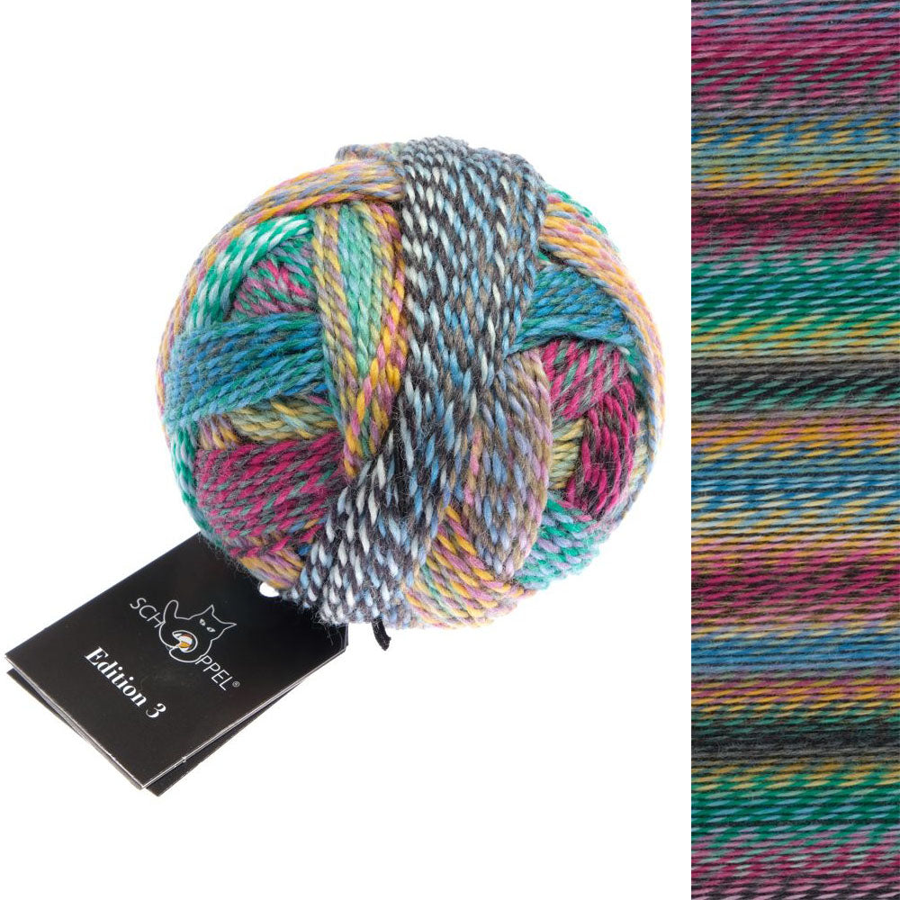 Ball of Schoppel Edition 3, 100% virgin wool sport weight gradient yarn, in shade All Inclusive 2511