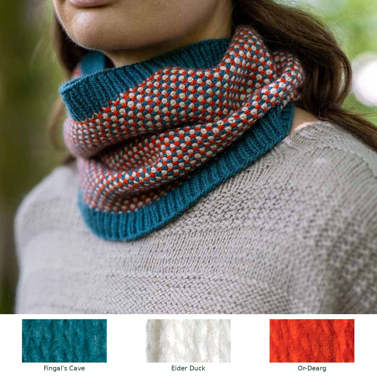 Weavers Way Linen Stitch Cowl knitting kit in Fingal's Cave, Eider Duck and Or-Dearg, with all three yarn shades shown