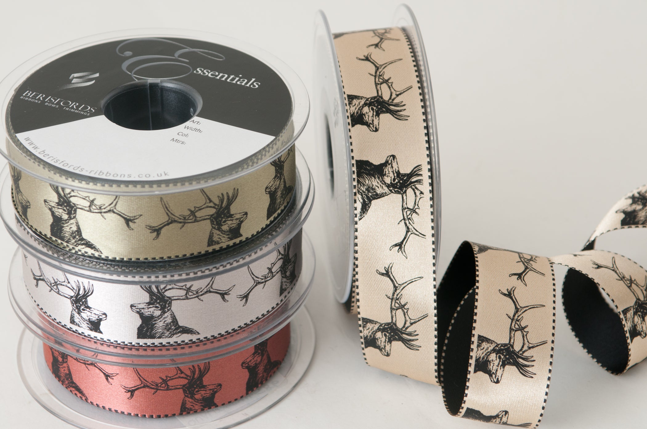 Berisfords Satin Ribbon with Stag Print - Cloudy Green 25mm